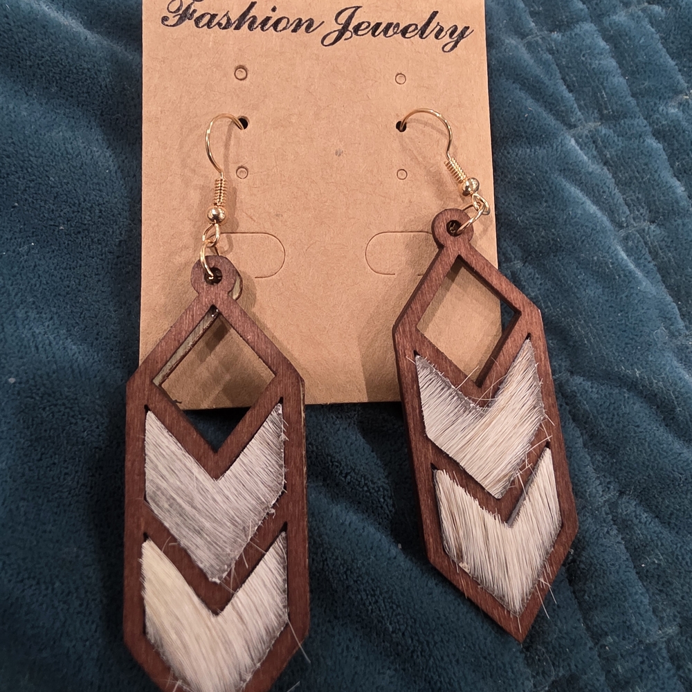 Geometric Wooden Earrings with White Accents